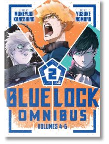 Корица на Blue Lock Omnibus, Vol. 2 с трима манга герои в динамични пози с напрегнати изражения, пресъздаващи вълнението на японския училищен футбол на фона на син геометричен дизайн и смел текст.
