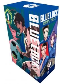 The Blue Lock Season 1 Part 2 Manga Box Set е с ярки сини и зелени рисунки на футболисти отпред и отстрани, а заглавието на поредицата е изписано на видно място.