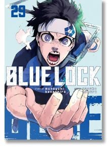 Корицата на Blue Lock, Vol. 29 показва решителен герой в синя футболна униформа, който се протяга напред на светлосин фон, улавяйки интензивното действие и високите залози на арката "Неоегоистична лига" в тази манга. Включено е заглавие в удебелен бял цвя