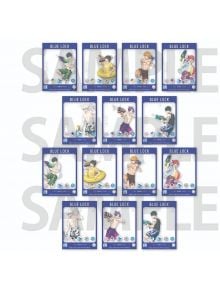 Thirteen illustrated прозрачни пластмастови карти Blue Lock x Hanoke Kowakien Yunessun, асортимент, са подредени в три реда. Всеки герой е с воден пистолет и лятна визия; надпис SAMPLE е поставен върху всяка карта.