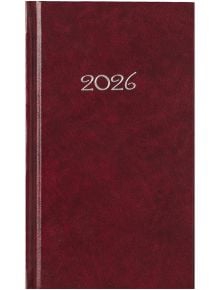 A бордо джобен тефтер-органайзер Слим 2026 с кожена корица и годината 2026, отпечатана в сребристо на корицата.