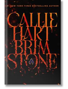 Корицата на книгата с огнен текст "CALLIE HART BRIMSTONE" на черен фон, въглени и син пламък в О. Brimstone (The Fae and Alchemy, Book 2) е завладяващо продължение от авторката на бестселъри №1 на New York Times.