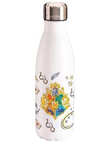 Бутилка ABYstyle Harry Potter - Hogwarts Symbols представлява бяла бутилка със сребърна капачка, украсена с герба на Хогуортс и различни символи на Хари Потър като очила, букви, пера и звезди.