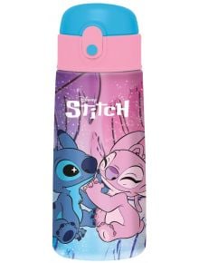 Бутилка за вода Sevem със син капак, с изображения на Стич и Ангел от Lilo and Stitch на розов и лилав фон. Думата "Stitch" е изписана в бяло в горната част - предлага се в книжарница Orange.