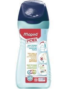 Maped Origin Picnik Бутилка за вода със синя капачка и прозрачно тяло, с надпис "100% защита от разливане и изтичане" и "лесно отваряне", се предлага в книжарница Orange, като информацията за продукта е на няколко езика на етикета.