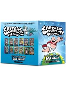 Кутията Captain Underpants Forever Box Set #1-12 включва кориците на всичките 12 книги отляво, а отдясно е изобразен капитанът Underpants, който лети геройски по бельо и пелерина.