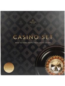 Кутия за Казино сет Професор Пъзел 3 в 1 с рулетка, златен текст и тъмен ромбовиден десен, изобразяващ цветовете на картите. Включва препратки към Блекджек, рулетка и покер - вдигнете залозите и играйте с покер чипове!.