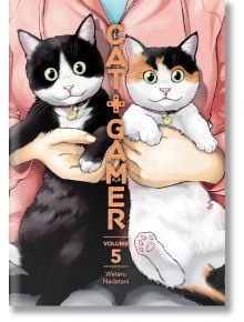 На корицата на Cat + Gamer, Vol. 5 е изобразен офис служител в розово яке, който държи две котки - една черно-бяла и една калифорнийска - всяка от тях със златна яка, подчертаваща съвместния им живот.
