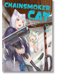 На корицата на Chainsmoker Cat, Vol. 2 са изобразени две аниме котки: едната уверено държи димящ моторен трион, а другата изглежда шокирана. Сцената се развива на закрито с дървени греди на заден план.