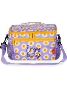 Чанта за храна Legami - Daisy, 7,7 л. е лилава чанта за обяд, изработена от рециклирани материали, с десен на маргаритка и усмихнато слънце, жълти ципове, мрежести джобове, дръжка и надпис "Наслаждавай се на малките неща" отпред.