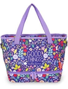 Чантата за храна Legami Flowers (10,8 л) е с цветна флорална шарка на тъмен фон, лилави дръжки и текст "ДОБРИТЕ НЕЩА отнемат време" - жива и стилна еко чанта за всички необходими неща.