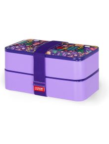 Legami - Flowers кутия за храна е лилава двуетажна кутия за обяд с капак с флорален десен, закрепен с подходяща ластична лента с червен етикет LEGAMI.