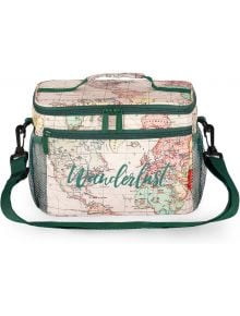 Чанта за храна Legami - Travel, 7,7 лв. С винтидж карта на света, зелени ципове, мрежести странични джобове и зелена дръжка. Изработена от рециклирани материали със "Скитница" отпред.