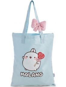Светлосиня чанта за пазаруване Nici Molang с розова панделка, анимирано зайче Molang с близалка сърце, звездни мотиви и надпис MOLANG - идеална ежедневна дамска чанта.