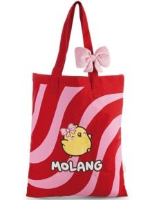Чанта за пазаруване Nici Molang - Пиле Piu Piu: платнена, с розови вълнообразни линии, жълто пиленце Piu Piu с розова панделка и надпис "MOLANG", голяма розова панделка на една от дръжките.