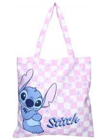 Розово и бяло каре Vadobag Stitch Bag It Up чанта за пазаруване с изображение на Stitch от филма "Лило и Стич" на Disney, с неговото име със син шрифт и малки сини цветя - предлага се в книжарница Orange.