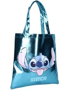 Блестящо синьо Чанта за пазаруване от Vadobag Stitch Metallic Moves, с усмихнат Stitch от "Лило и Стич" на Disney и името му отдолу в бяло. Предлага се в книжарница Orange, има дълги дръжки и метално покритие.