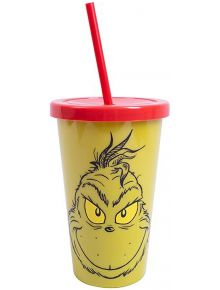 Чаша със сламка Fizz Creations - Grinch е жълта чаша с червен капак и сламка, украсена със стилизирана черна рисунка на усмихнатото лице на Гринч.