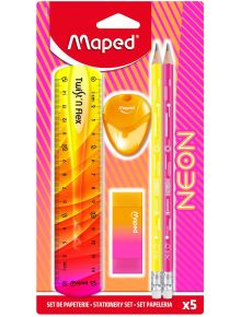 Maped Neon чертожен комплект включва жълта линийка, оранжева острилка, оранжева гума и два молива - един жълт и един розов - на ярък фон. Предлага се в книжарница Orange. На опаковката е написано NEON и x5.