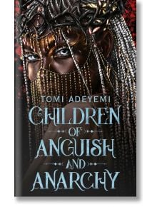 На корицата на "Деца на мъката и анархията" е изобразена фигура с бяла сплетена коса, златна маска на лицето и черна корона на тъмен фон с червени ивици.