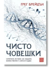 Корица на книгата Чисто човешки на български език, изобразяваща ДНК нишка с абстрактни сини линии и възли на бял фон. Заглавието е "Чисто човешки" от Грег Брадън, изследваща човешките качества в епохата на изкуствения интелект. Допълнителни характеристики