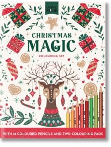 Празничната корица показва северен елен с орнаменти на рогата, заобиколен от подаръци, украшения и дръвчета. В долния десен ъгъл е изобразен ред цветни моливи. Идеална за любителите на оцветяването! Текстът гласи: "Коледна магия" - комплект за оцветяване 