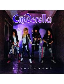 Четирима членове на Cinderella позират в опушена тухлена арка, облечени в стил glam rock. Отгоре е лилавото лого на Cinderella Night Songs, подчертаващо това емблематично хард рок албум и неговото винилово издание: Cinderella - Night Songs (VINYL).