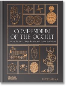 Корицата на книгата Compendium of the Occult е със златни рисунки на окултни символи, ръка, египетска фигура с лъвска глава и ритуални сцени на тъмен фон. Подзаглавие: подзаглавие: "Арканични артефакти, магически ритуали и свещена символика".