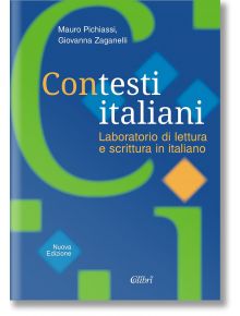 Корица на Contesti italiani Учебно помагало по италиански език, на син фон със зелени и жълти геометрични фигури.