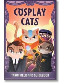 На илюстрованата корица са изобразени три котки в косплей като икони на попкултурата, а над тях е написано "Cosplay Cats Tarot Deck and Guidebook" - идеален комплект таро и подарък за любителите на попкултурата, които обичат котки.