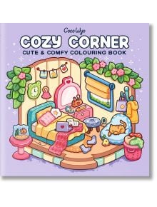 Илюстрация на уютна спалня с ръчно нарисувани страници за оцветяване, изобразяващи легло, книги, котка на стол и растения. Цветната стая е сладка и удобна. Текст върху изображението: "Уютен кът за оцветяване.