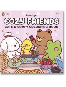 Корицата на "Уютни приятели" показва очарователни животни - куче, патица, мече и жаба - които играят настолни игри и се наслаждават на закуски заедно на маса, като ви приканва да разгледате очарователните ръчно рисувани страници за оцветяване вътре.