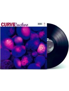 Винилова плоча, частично извадена от калъфа, показва обложката на албума Curve - Cuckoo (VINYL), на която в близък план са изобразени лилави и розови яйца на син фон, а заглавието се вижда.