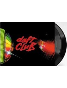 Частично видима винилова плоча с цветна, абстрактна обложка на албума върху черно и смел червен текст "daft CLUB" - албумът с ремикси на Daft Punk - Daft Club (2 VINYL), посветен на електронната музика.