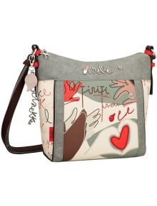 Ярка дамска чанта Anekke Alma Ole (31/24 x 28 x 12 см) с абстрактни щампи, ръчно написани думи и сърца. Разполага със сива горна част, многоцветна долна част, черна каишка с червени кантове и декоративни талисмани - идеална за феновете на Anekke.