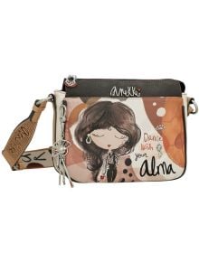 Дамска чанта Anekke Alma за през рамо 26 x 19 x 7 см е красива чанта с илюстрирана жена, надпис "Dance with your alma", кафява дръжка, ключодържатели и топли земни цветове с марката Anekke отгоре.