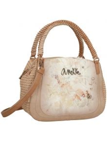 The Дамска чанта Anekke Memories 31 x 25 x 16 см е в бежов цвят с плетени дръжки, цветен преден панел с надпис "Anekke Memories" и подвижна дръжка-стилен избор за всякакъв повод.