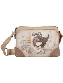 Бежово-кафява дамска чанта Anekke Memories за през рамо (24x16x8 см) със среден размер, илюстрация на момиче с кестенява коса, вдъхновяващи надписи, коте и забавни мотиви отпред.