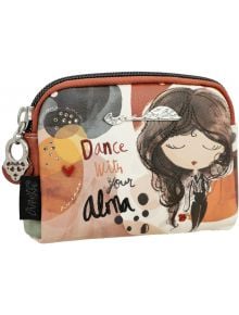 Дамски портфейл Anekke Alma 12 x 9 x 3 см, с илюстрирано момиче, абстрактни форми и надпис "Dance with your alma". Разполагам с декоративен цип, метални елементи и сърце в топли земни цветове.