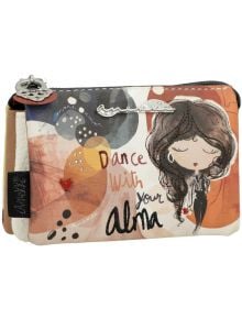 Дамско портмоне Anekke Alma 12 х 8 х 4 см с илюстрирано момиче с къдрава кафява коса, затворени очи, абстрактни мотиви, Надпис "Танцувай с твоята алма", малко червено сърце, декоративен сребърен елемент и дизайнерски детайли.