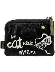 Компактно дамско портмоне Anekke Memories Towanda (12x8x1 см) в черно, с бял надпис "котката чете мяу", стилизиран котешки контур и декоративни акценти, включително жълт цип - идеално за монети.