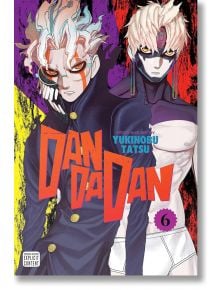 На ярката корица на Dandadan, Vol. 6 двама напрегнати, белокоси аниме герои стоят един до друг, готови за паранормални битки, с удебелен текст на заглавието върху цветен жълт, лилав и черен фон.