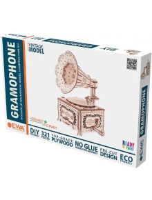 Кутията за Дървен 3D модел на грамофон за сглобяване EWA показва сглобения старинен грамофон. Комплектът има 321 предварително изрязани части от екологичен шперплат и не изисква лепило.