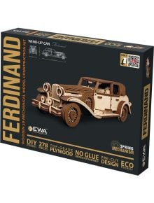 Кутия за Дървен 3D модел на винтидж кола за сглобяване EWA, показваща подробен навиващ се класически автомобил. Този екологичен комплект има 278 части, не се нуждае от лепило и разполага с пружинен механизъм.
