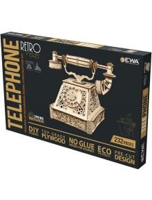 Кутия за Дървен 3D модел на винтидж телефон за сглобяване EWA, показваща сглобения модел. Комплект "Направи си сам" с 232 части, без нужда от лепило, изработен от първокласен шперплат и екологични материали. Идеален интериорен аксесоар.