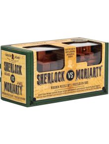 Кутията "Дървен 3D пъзел Професор Пъзел - Шерлок Холмс (Шерлок Холмс срещу Мориарти), 2 бр." включва два дървени главоблъсканици в зелена и жълта опаковка, идеални за фенове на Шерлок Холмс.