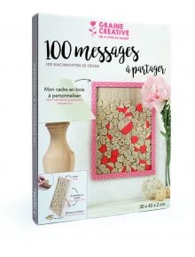 Комплектът в кутия на Дървена рамка за пожелания Graine Creative включва рамка, пълна с дървени сърца за послания, изобразена с розов карамфил, връвчица и дървена форма - идеална за подарък за рожден ден.