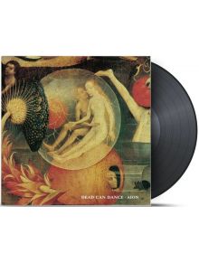 Dead Can Dance - Aion (VINYL), със сюрреалистична средновековна обложка с две ефирни фигури в прозрачна сфера, заобиколени от абстрактни, фантастични форми и лица.