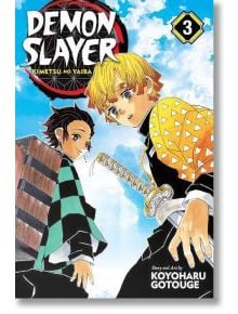 На корицата на "Demon Slayer Kimetsu no Yaiba, Vol. 3" Танджиро Камадо и Зеницу са изобразени под яркото небе, докато се готвят да се бият с опасни врагове като дванадесетте Кизуки.
