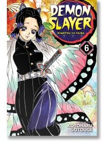 Корицата на Demon Slayer Kimetsu no Yaiba, Vol. 6 представя лилав герой в облекло с мотиви на пеперуди, който държи меч, а на фона на яркия рисунък се вижда продължаващото пътуване на Танджиро Камадо и заглавието на поредицата, изписано в горната част.